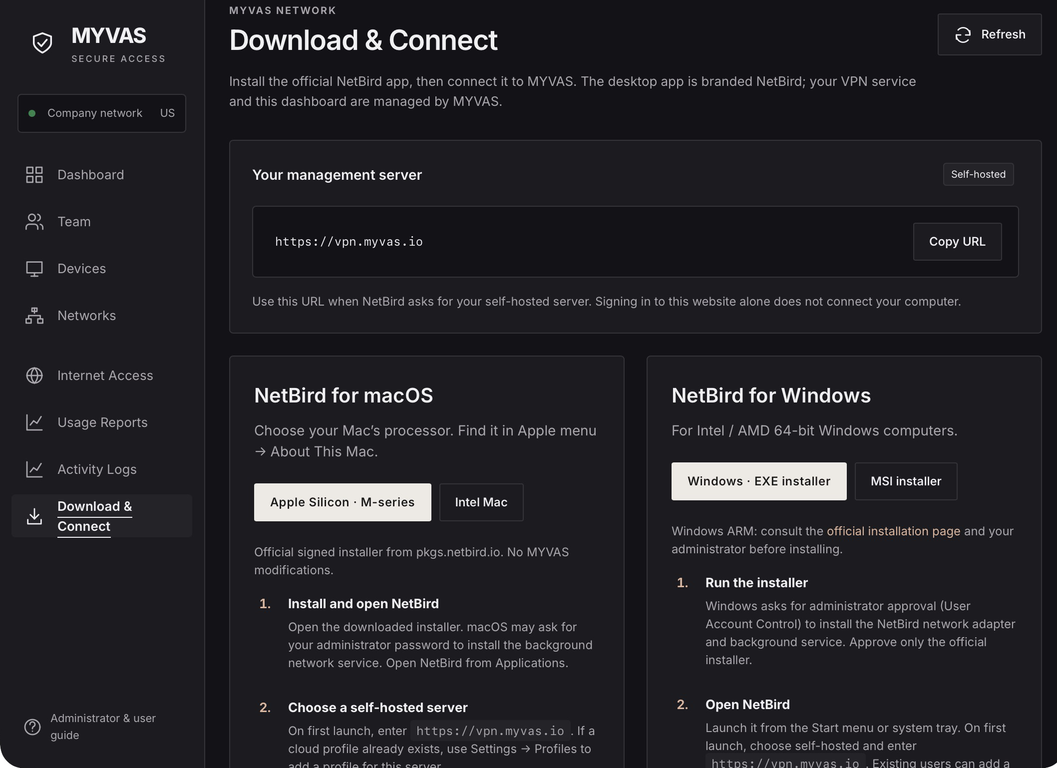MYVAS Download & Connect page with Mac and Windows installer choices