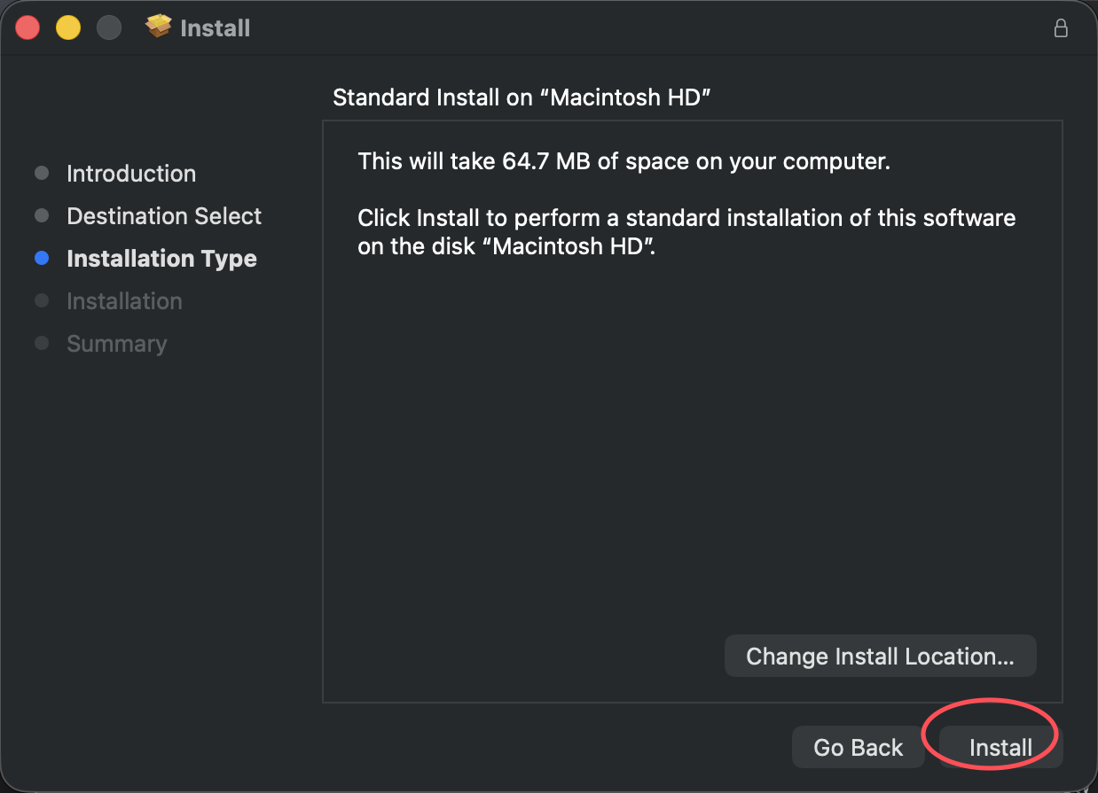 macOS NetBird installer with the Install button circled