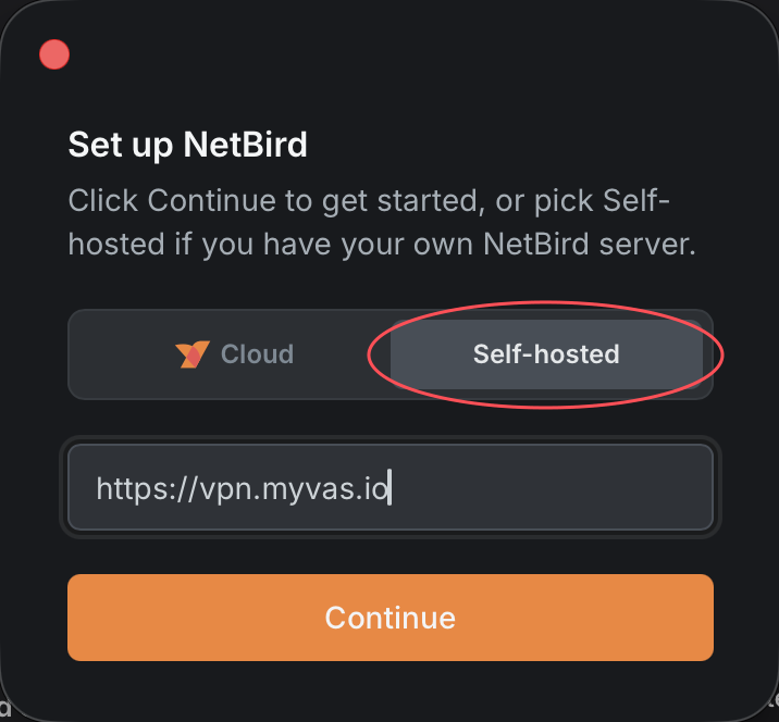 NetBird self-hosted setup with https://vpn.myvas.io entered