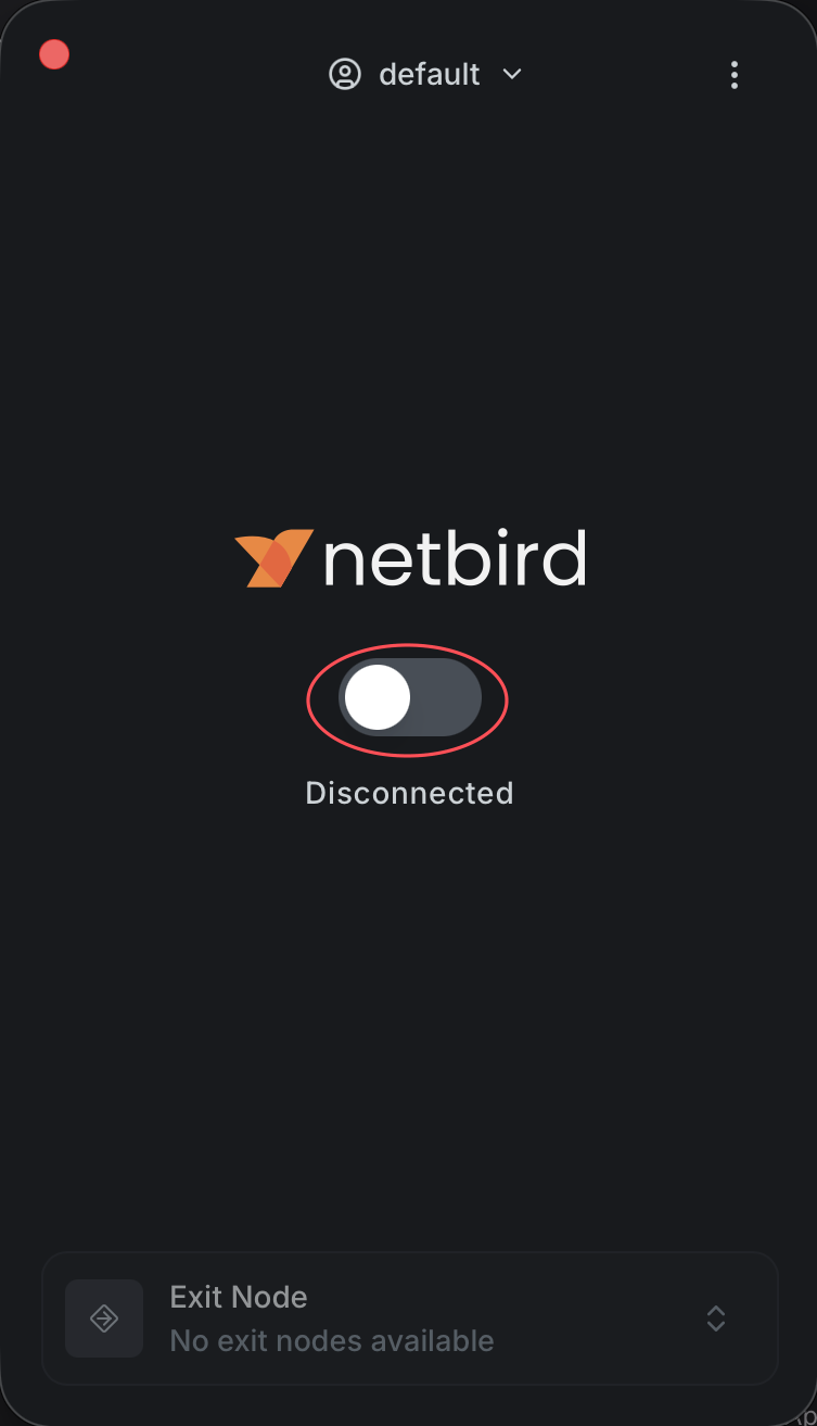 NetBird app with the connection switch circled in the disconnected state