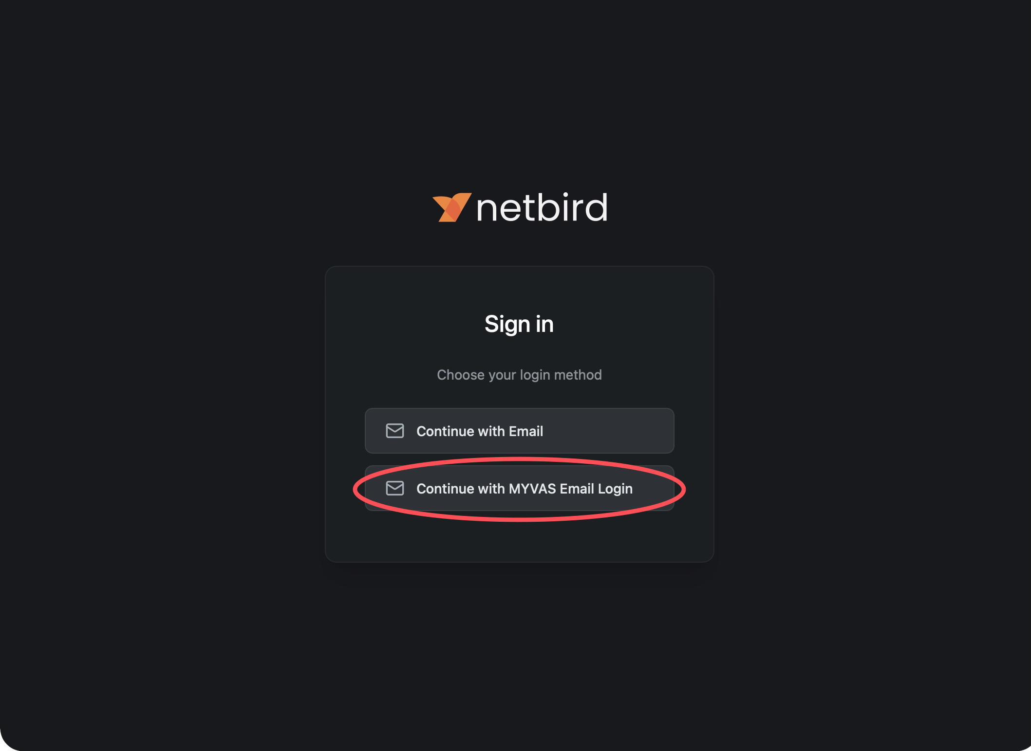 NetBird sign-in page with Continue with MYVAS Email Login circled