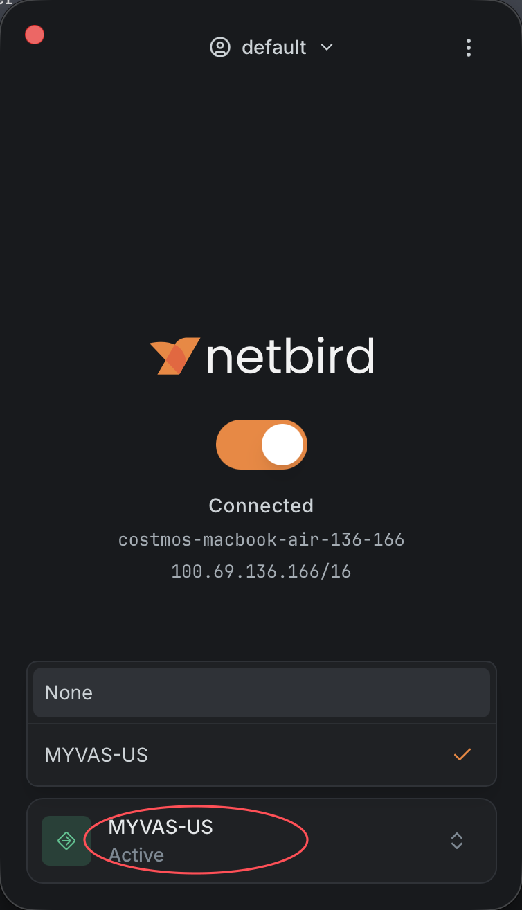 Connected NetBird client showing MYVAS-US selected and Active